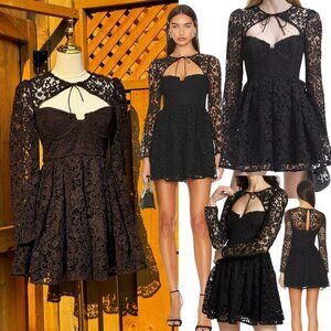 🆕 SELF-PORTRAIT 🧿 BNWOT Black Lace Tie-Neck Minidress, Sz US 2 / UK 6